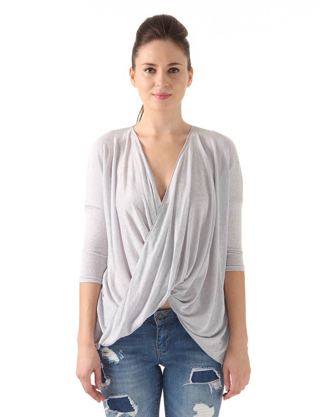 Ax Paris Women Casual Wear Grey Asymmetric Top